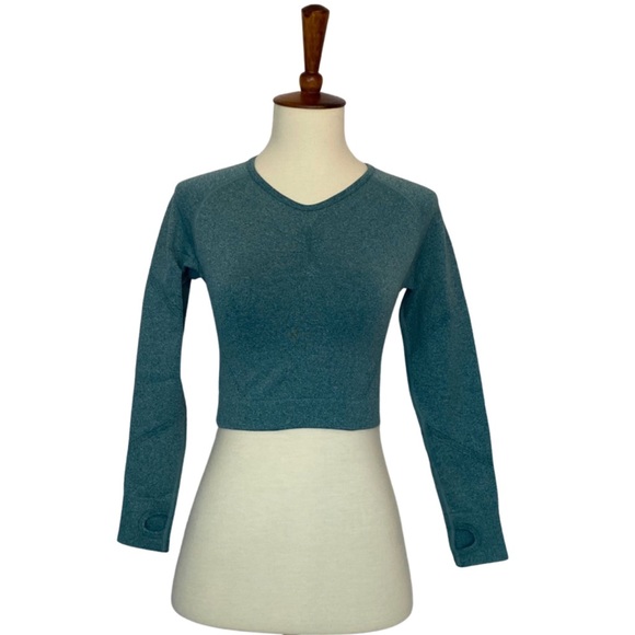 Teal Bluish Green Long Sleeve Yoga Sport Crop Top - Picture 8 of 16